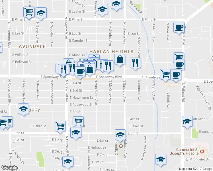 map of restaurants, bars, coffee shops, grocery stores, and more near 5744 East 1st Street in Tucson