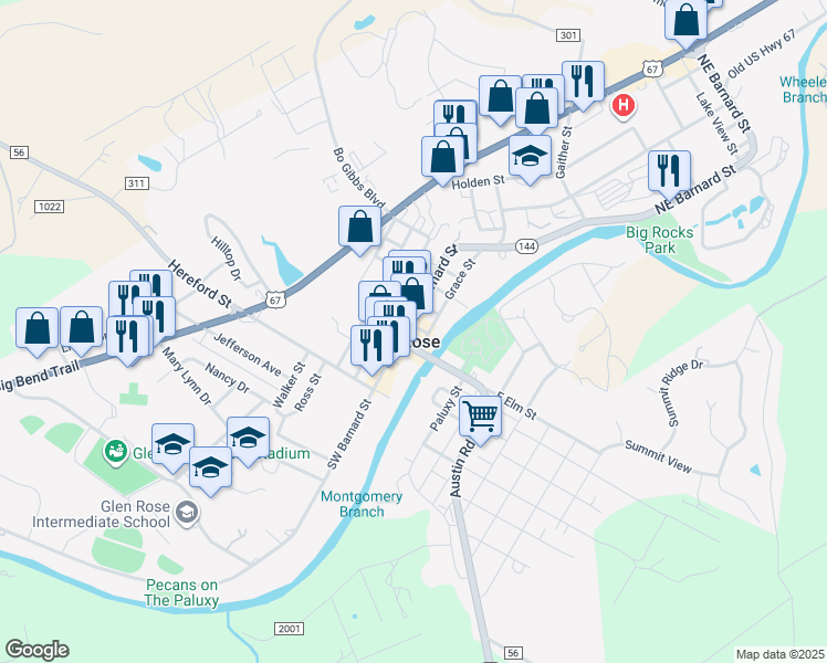 map of restaurants, bars, coffee shops, grocery stores, and more near in Glen Rose