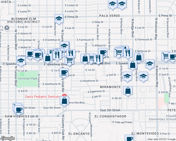 map of restaurants, bars, coffee shops, grocery stores, and more near 3316 East 1st Street in Tucson