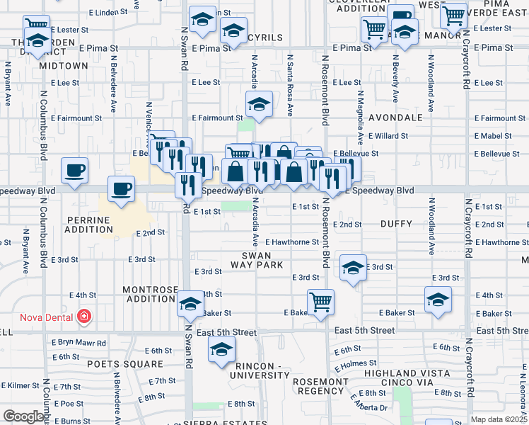 map of restaurants, bars, coffee shops, grocery stores, and more near 4920 East 1st Street in Tucson