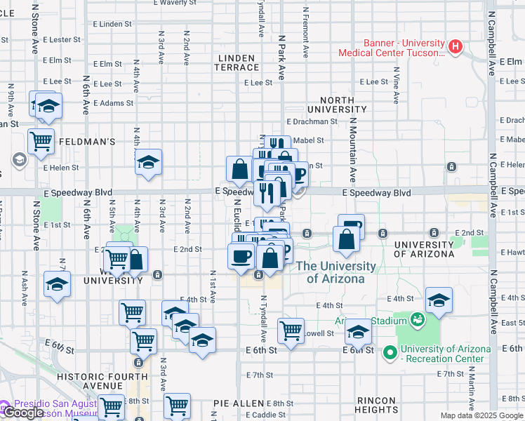 map of restaurants, bars, coffee shops, grocery stores, and more near 1051 North Tyndall Avenue in Tucson