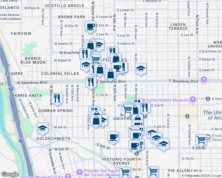 map of restaurants, bars, coffee shops, grocery stores, and more near 1018 North 7th Avenue in Tucson