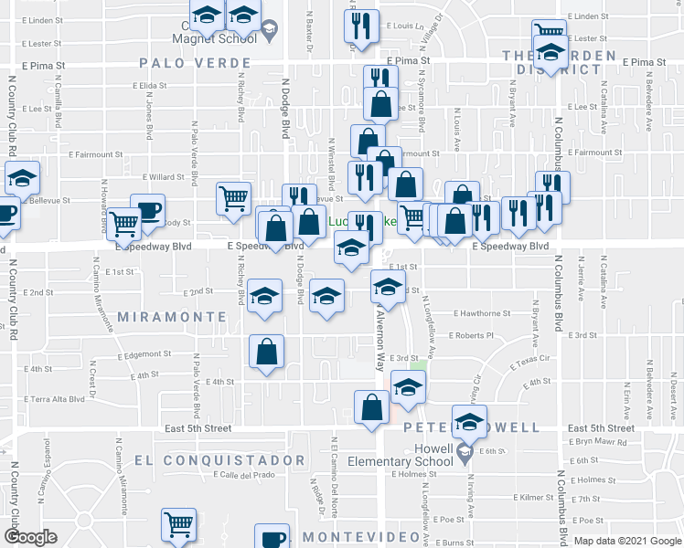 map of restaurants, bars, coffee shops, grocery stores, and more near 3811 East 2nd Street in Tucson