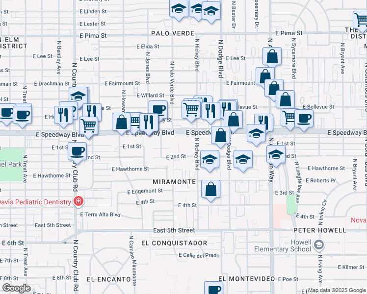 map of restaurants, bars, coffee shops, grocery stores, and more near 1022 North Palo Verde Boulevard in Tucson