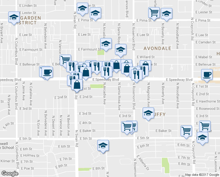 map of restaurants, bars, coffee shops, grocery stores, and more near 4920 East 1st Street in Tucson