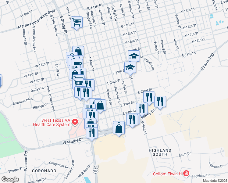 map of restaurants, bars, coffee shops, grocery stores, and more near 206 East 21st Street in Big Spring