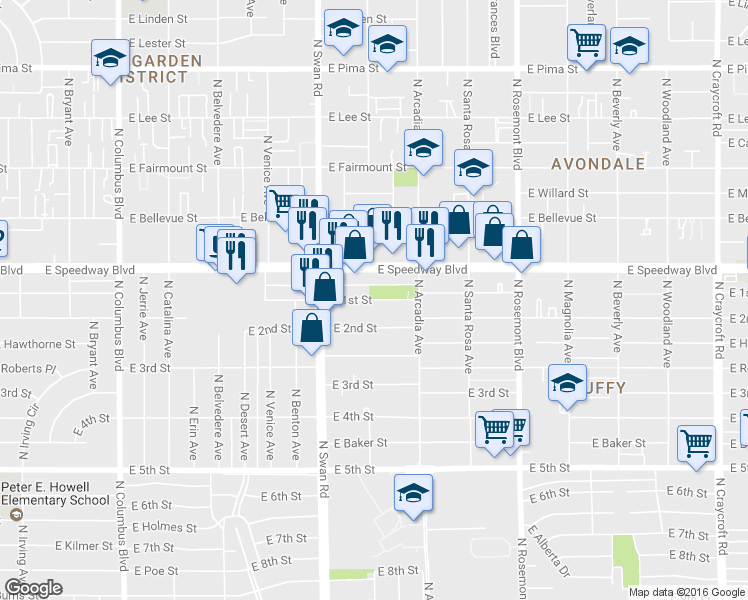 map of restaurants, bars, coffee shops, grocery stores, and more near 4804 E 1st St in Tucson