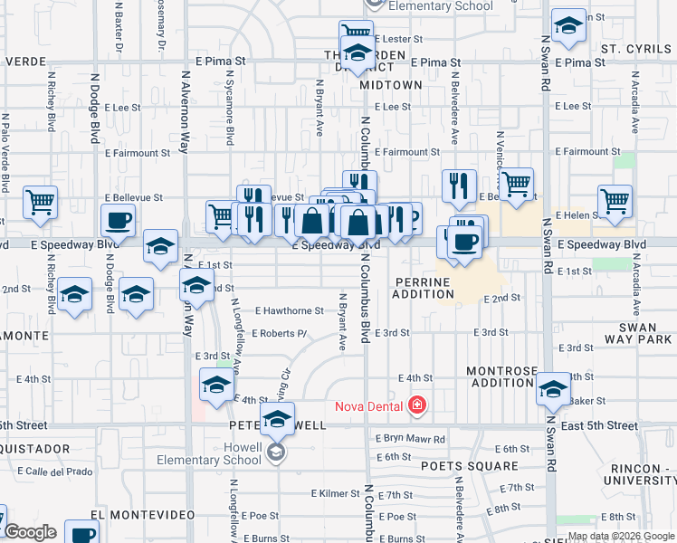 map of restaurants, bars, coffee shops, grocery stores, and more near 4220 E 1st St in Tucson