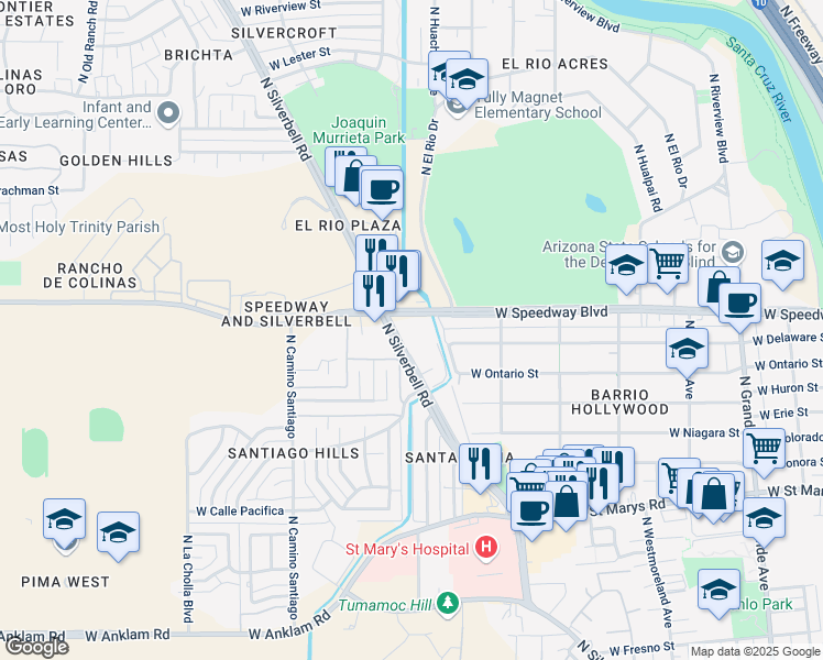 map of restaurants, bars, coffee shops, grocery stores, and more near 1735 West Speedway Boulevard in Tucson