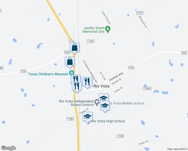 map of restaurants, bars, coffee shops, grocery stores, and more near 208 North Cleburne Whitney Road in Rio Vista