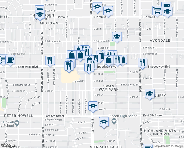 map of restaurants, bars, coffee shops, grocery stores, and more near N Swan Rd & E 1st St in Tucson