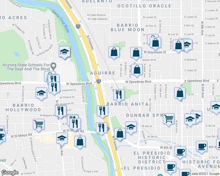 map of restaurants, bars, coffee shops, grocery stores, and more near 1041 North Anita Avenue in Tucson