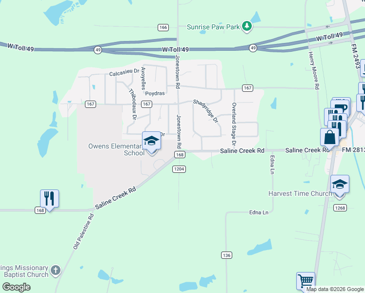 map of restaurants, bars, coffee shops, grocery stores, and more near 16907 Jonestown Road in Tyler