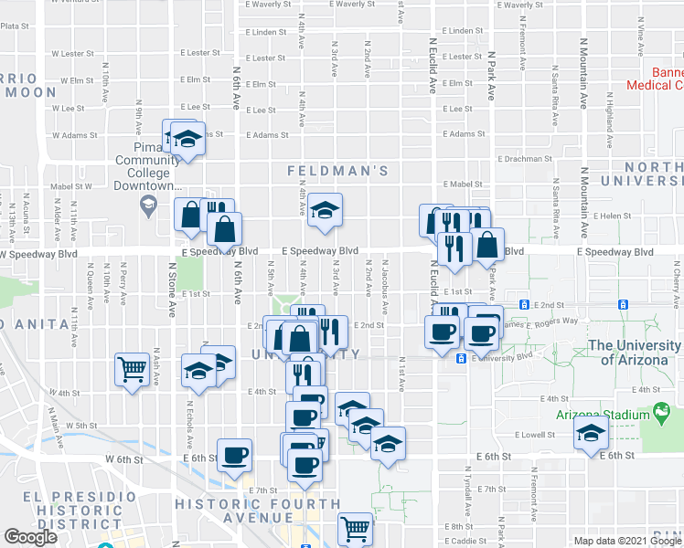 map of restaurants, bars, coffee shops, grocery stores, and more near 1026 North 3rd Avenue in Tucson