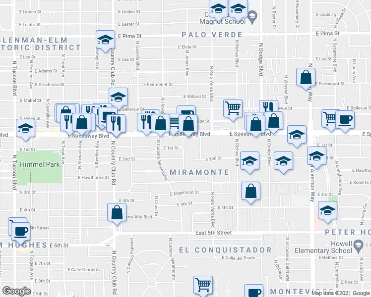 map of restaurants, bars, coffee shops, grocery stores, and more near 1034 East 1st Street in Tucson