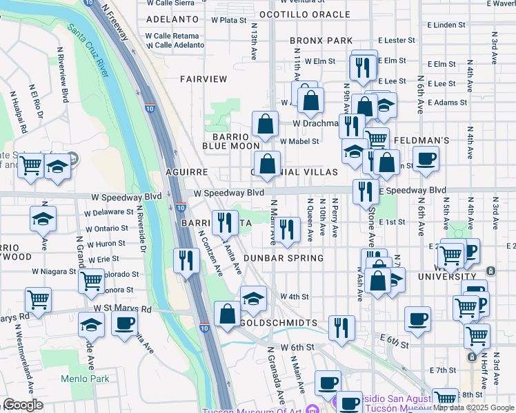 map of restaurants, bars, coffee shops, grocery stores, and more near 1036 North 13th Avenue in Tucson