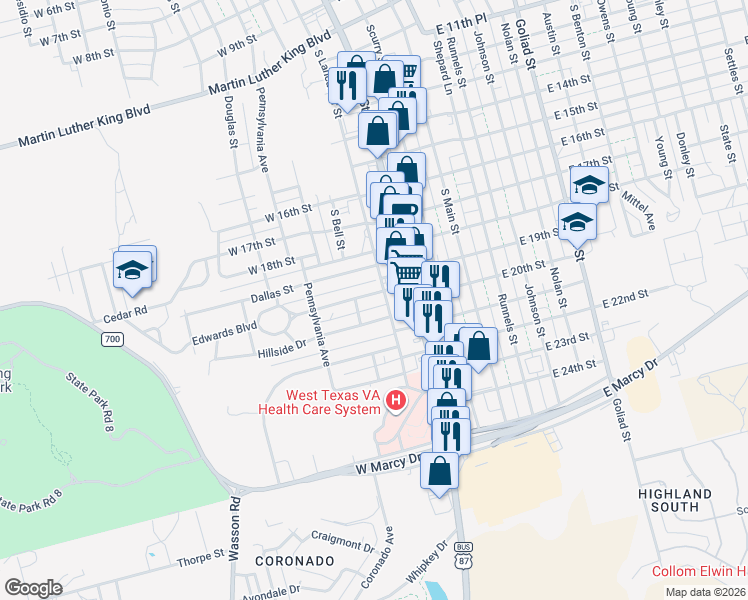 map of restaurants, bars, coffee shops, grocery stores, and more near 401 Edwards Boulevard in Big Spring