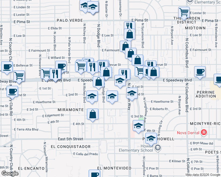 map of restaurants, bars, coffee shops, grocery stores, and more near 3709 East 2nd Street in Tucson