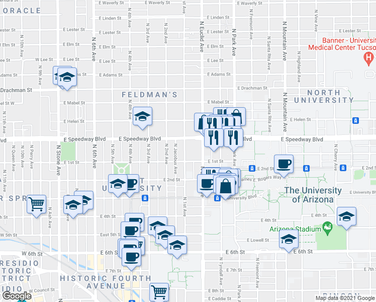 map of restaurants, bars, coffee shops, grocery stores, and more near 1030 North 1st Avenue in Tucson