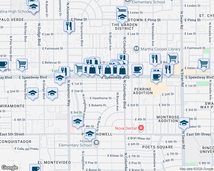 map of restaurants, bars, coffee shops, grocery stores, and more near 4144 East 1st Street in Tucson