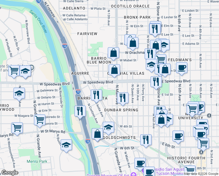 map of restaurants, bars, coffee shops, grocery stores, and more near 1036 North 13th Avenue in Tucson