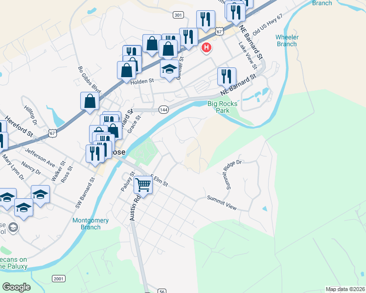 map of restaurants, bars, coffee shops, grocery stores, and more near 110 Dove Meadow Lane in Glen Rose