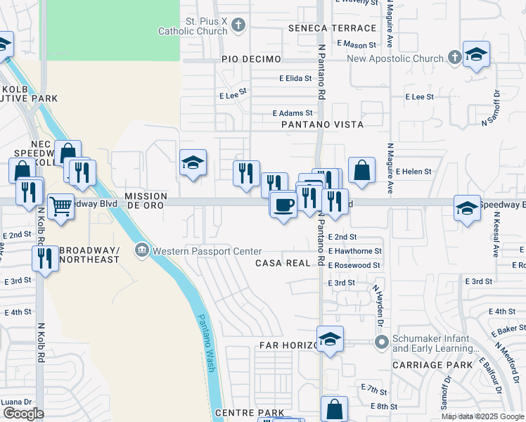 map of restaurants, bars, coffee shops, grocery stores, and more near 7740 E Speedway Blvd in Tucson