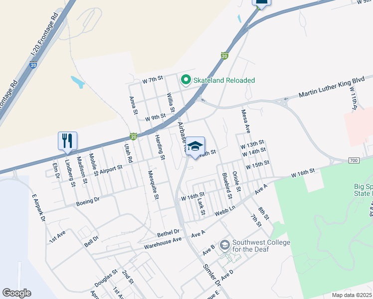 map of restaurants, bars, coffee shops, grocery stores, and more near 100-104 Airbase Road in Big Spring