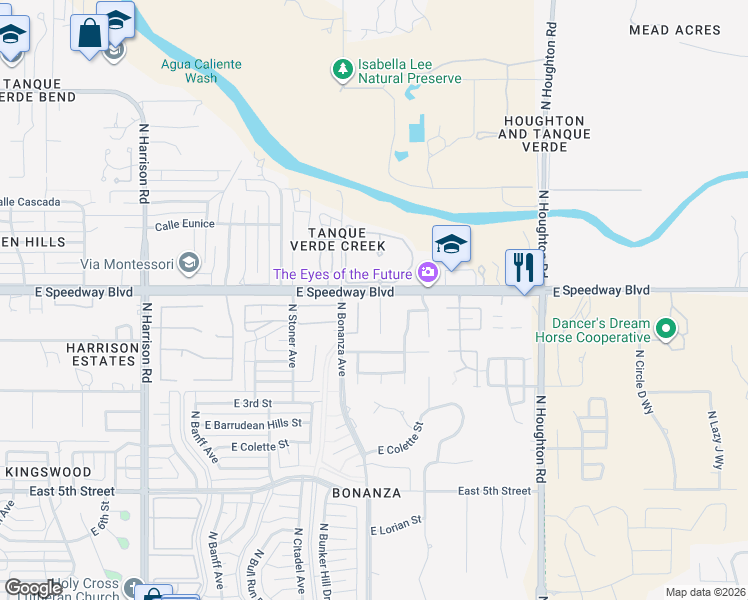 map of restaurants, bars, coffee shops, grocery stores, and more near 1074 North Firewood Place in Tucson