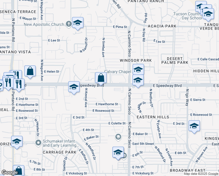 map of restaurants, bars, coffee shops, grocery stores, and more near 8550 East Speedway Boulevard in Tucson