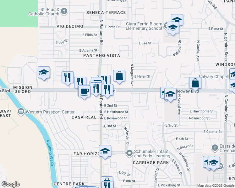 map of restaurants, bars, coffee shops, grocery stores, and more near 8080 East Speedway Boulevard in Tucson