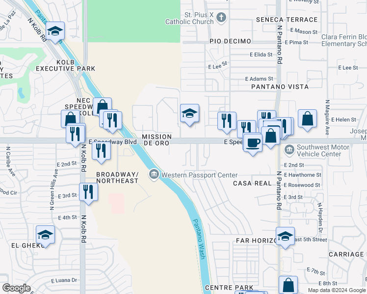 map of restaurants, bars, coffee shops, grocery stores, and more near 1057 North Cam Verano in Tucson