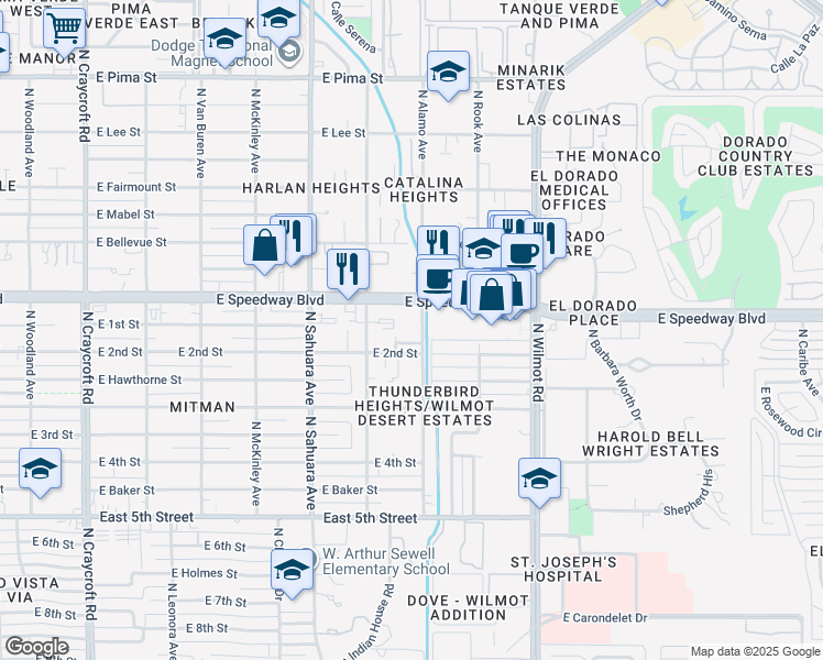 map of restaurants, bars, coffee shops, grocery stores, and more near 1015 North Alamo Avenue in Tucson