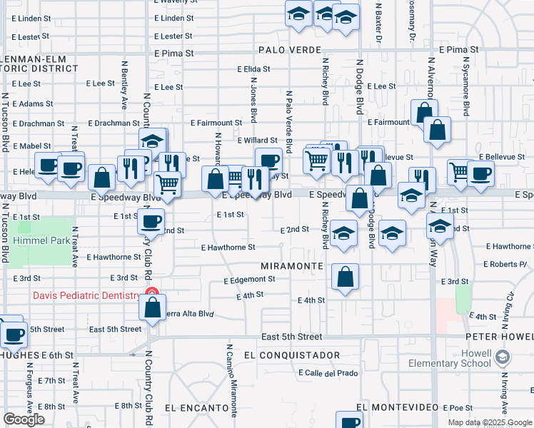 map of restaurants, bars, coffee shops, grocery stores, and more near 3449 East 1st Street in Tucson