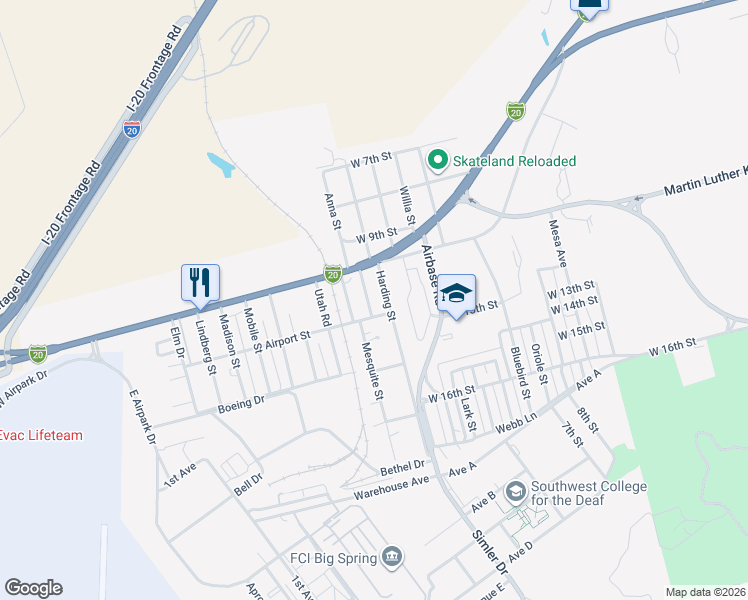 map of restaurants, bars, coffee shops, grocery stores, and more near 1213 Frazier Street in Big Spring