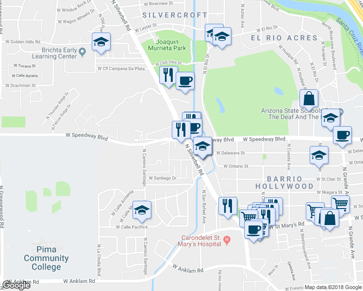 map of restaurants, bars, coffee shops, grocery stores, and more near 1055 North Silverbell Road in Tucson