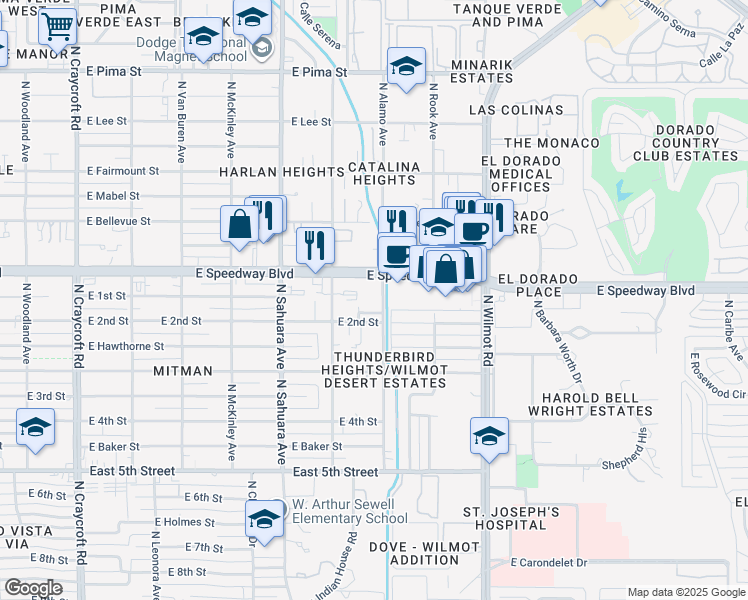 map of restaurants, bars, coffee shops, grocery stores, and more near 1015 North Alamo Avenue in Tucson