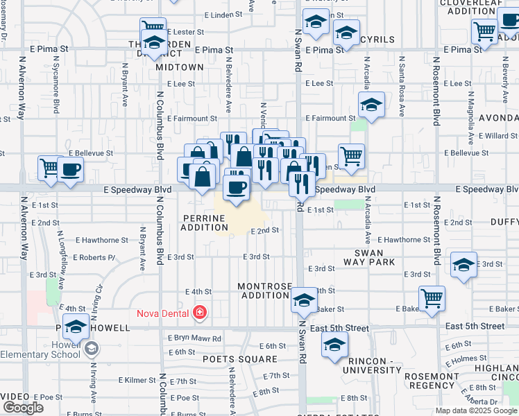 map of restaurants, bars, coffee shops, grocery stores, and more near 4598 East Speedway Boulevard in Tucson