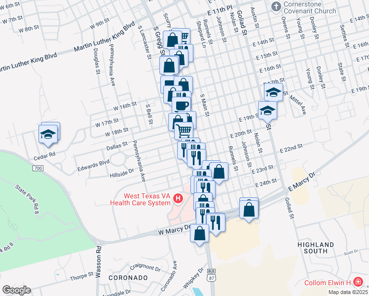 map of restaurants, bars, coffee shops, grocery stores, and more near 2000 South Gregg Street in Big Spring