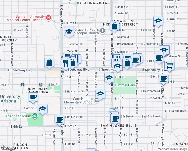 map of restaurants, bars, coffee shops, grocery stores, and more near 2239 East 1st Street in Tucson
