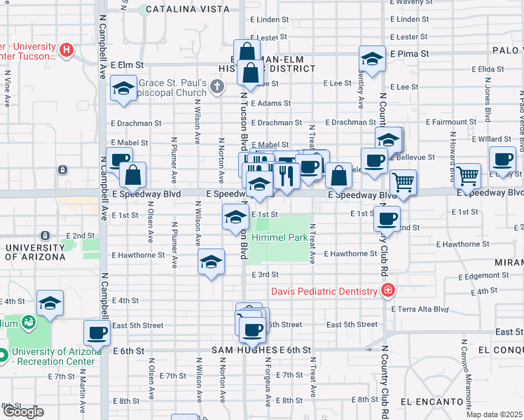 map of restaurants, bars, coffee shops, grocery stores, and more near 2555 East 1st Street in Tucson