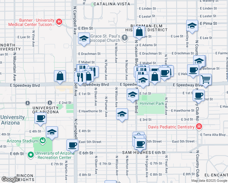 map of restaurants, bars, coffee shops, grocery stores, and more near 2239 East 1st Street in Tucson