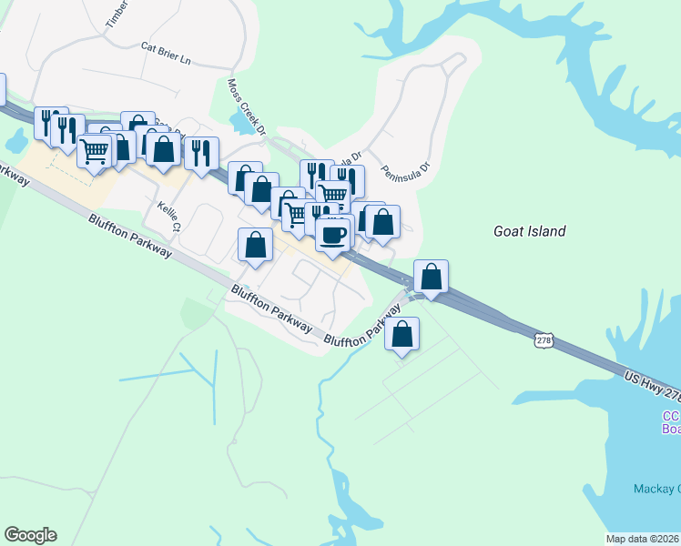 map of restaurants, bars, coffee shops, grocery stores, and more near 3 Pine Burr Drive East in Hilton Head Island