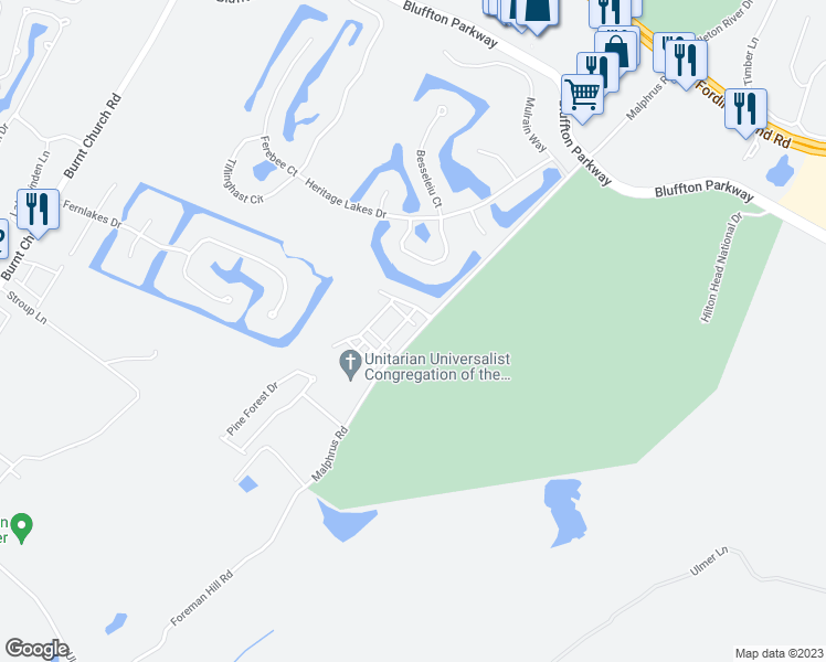 map of restaurants, bars, coffee shops, grocery stores, and more near 1 Village Drive in Bluffton