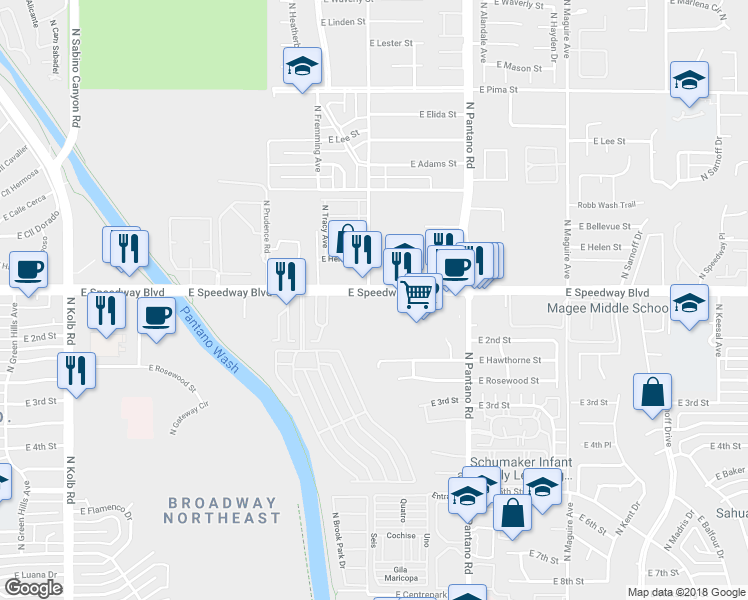 map of restaurants, bars, coffee shops, grocery stores, and more near 7740 East Speedway Boulevard in Tucson