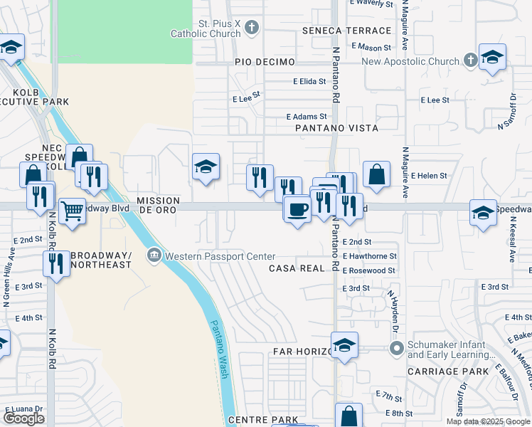 map of restaurants, bars, coffee shops, grocery stores, and more near 7740 East Speedway Boulevard in Tucson