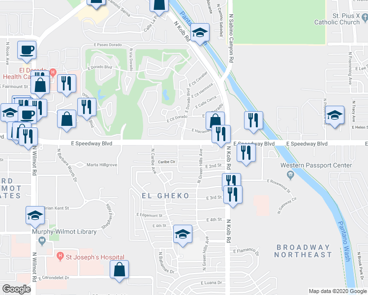 map of restaurants, bars, coffee shops, grocery stores, and more near 1090 North Caribe Avenue in Tucson