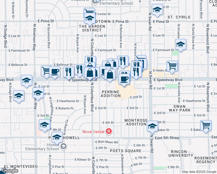 map of restaurants, bars, coffee shops, grocery stores, and more near 1025 North Catalina Avenue in Tucson