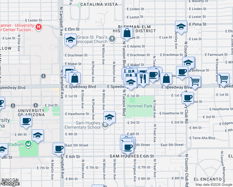 map of restaurants, bars, coffee shops, grocery stores, and more near 2341 East 1st Street in Tucson