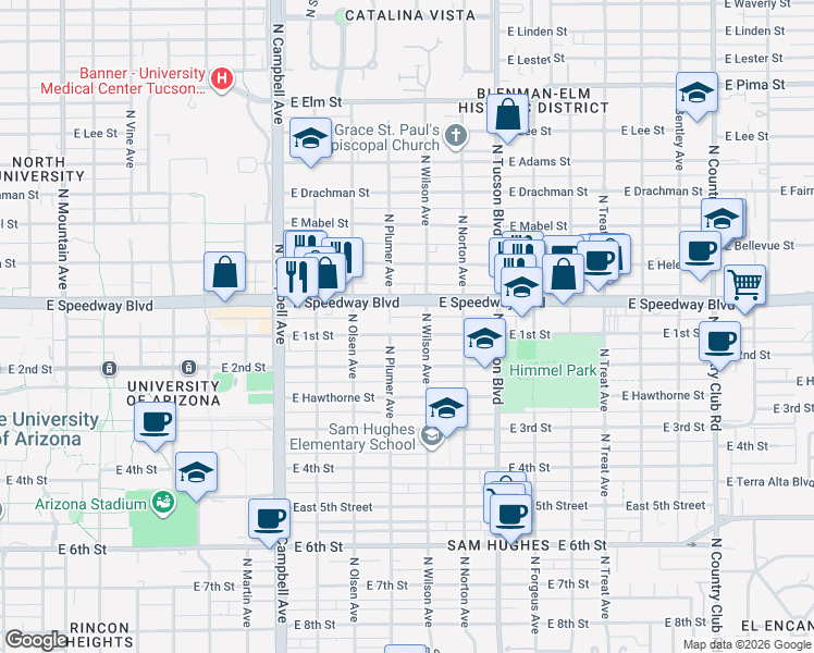 map of restaurants, bars, coffee shops, grocery stores, and more near 2239 East 1st Street in Tucson